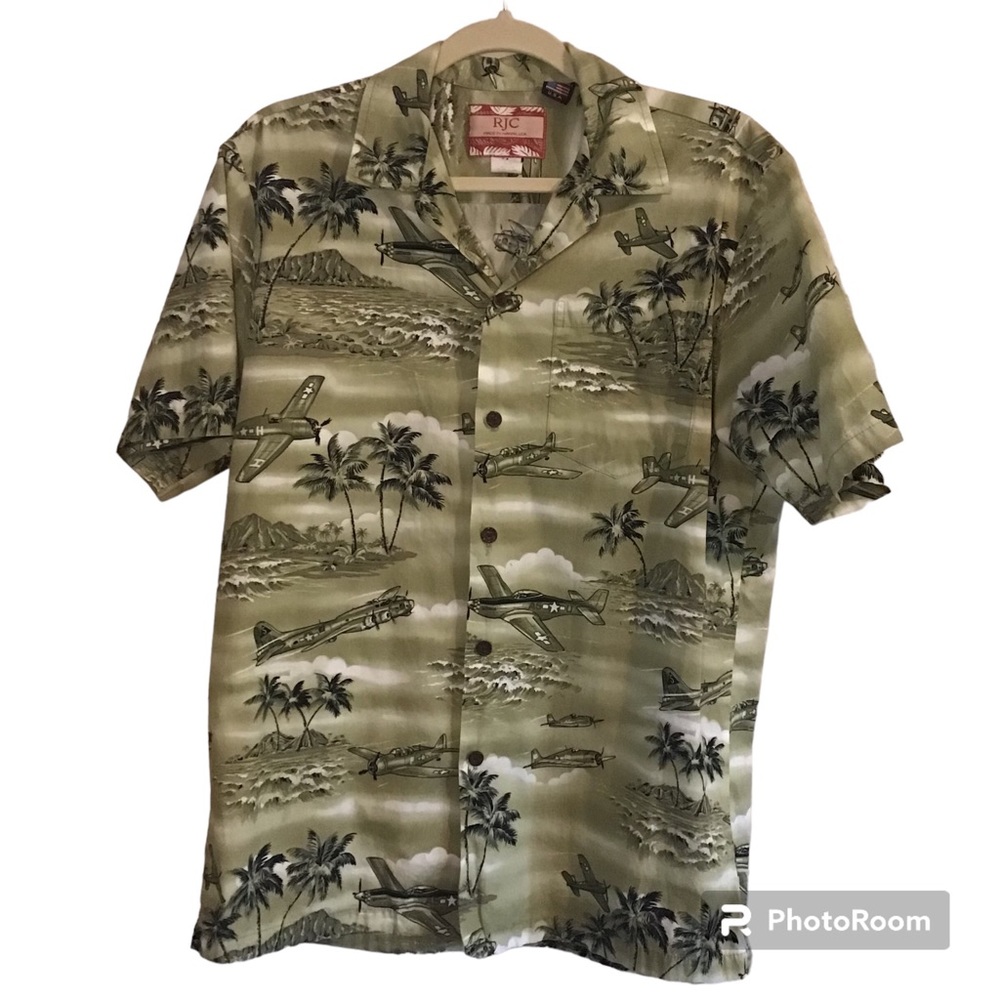 Men’s RJC Hawaiian Short Sleeve Button Down Shirt Top WWII Military Planes Camo